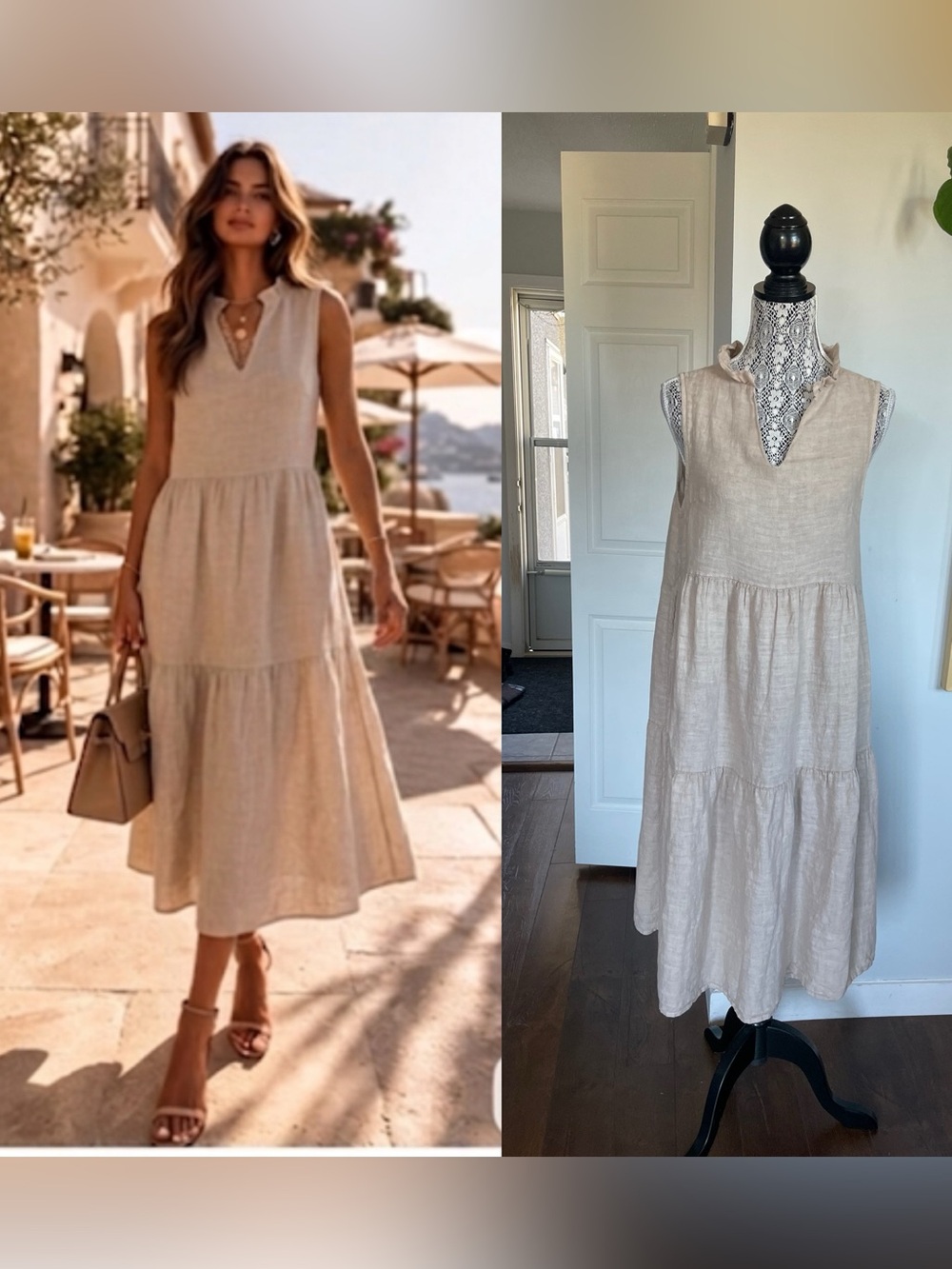 💯 Linen European Summer Made in Italy Oversized Tiered Midi Dress. Small. Taupe